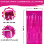 Ekstra Metalize Parlak Saçaklı Arka Fon Perde Fuşya