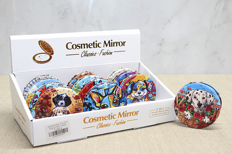 Sevimli Köpek Tasarımlı Taşlı İnce El Aynası Yuvarlak