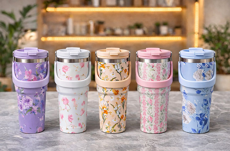 Çiçek Desenli 900 ml Taşıma Kulplu Paslanmaz Çelik Termos Mug Bardak