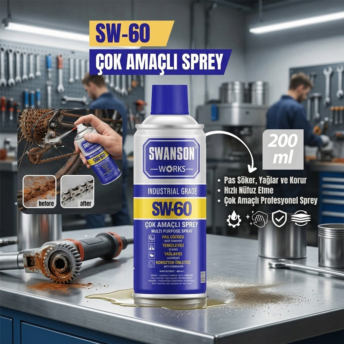 Çok Amaçlı Yağlayıcı Sprey - 200 ml - Pas Sökücü - Profesyonel Sprey - Görsel 2