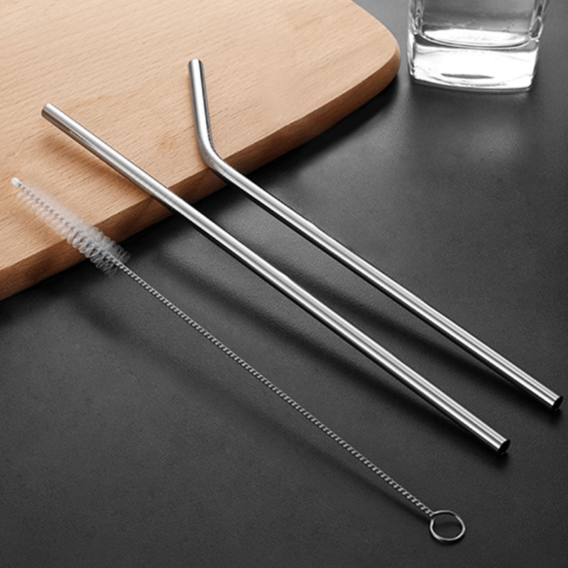 Ekstra Uzun Paslanmaz Çelik Pipet Seti – 3 Parça (Eğri + Düz + Fırça)