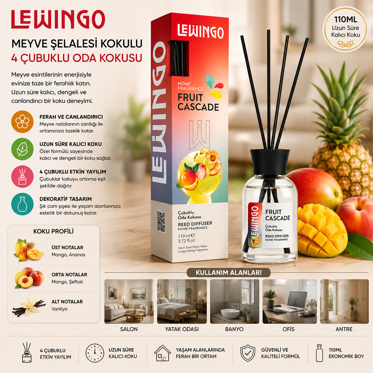 Fruit Cascade Bambu Çubuklu Oda Kokusu - 110 ml - Cam Şişe - Görsel 2