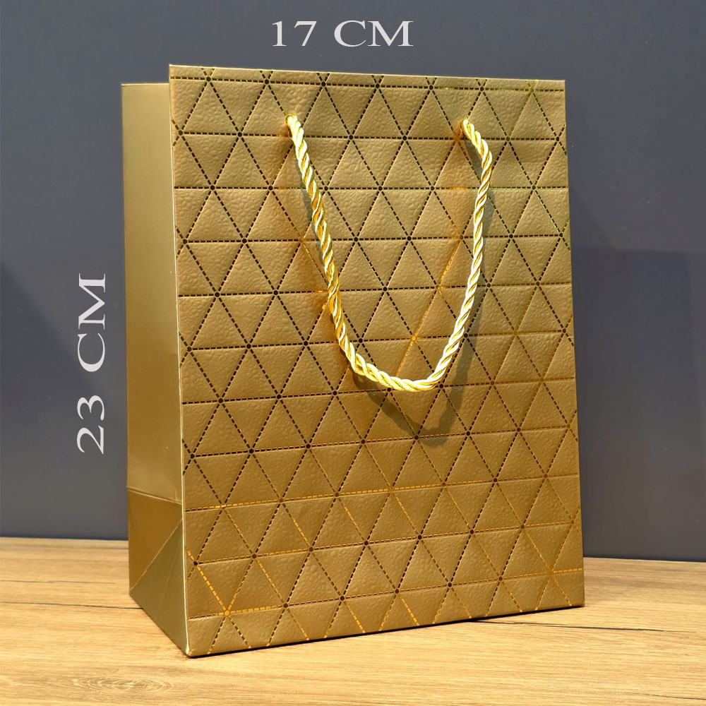 Gold Geometrik Desenli Orta Boy Karton Hediye Çantası