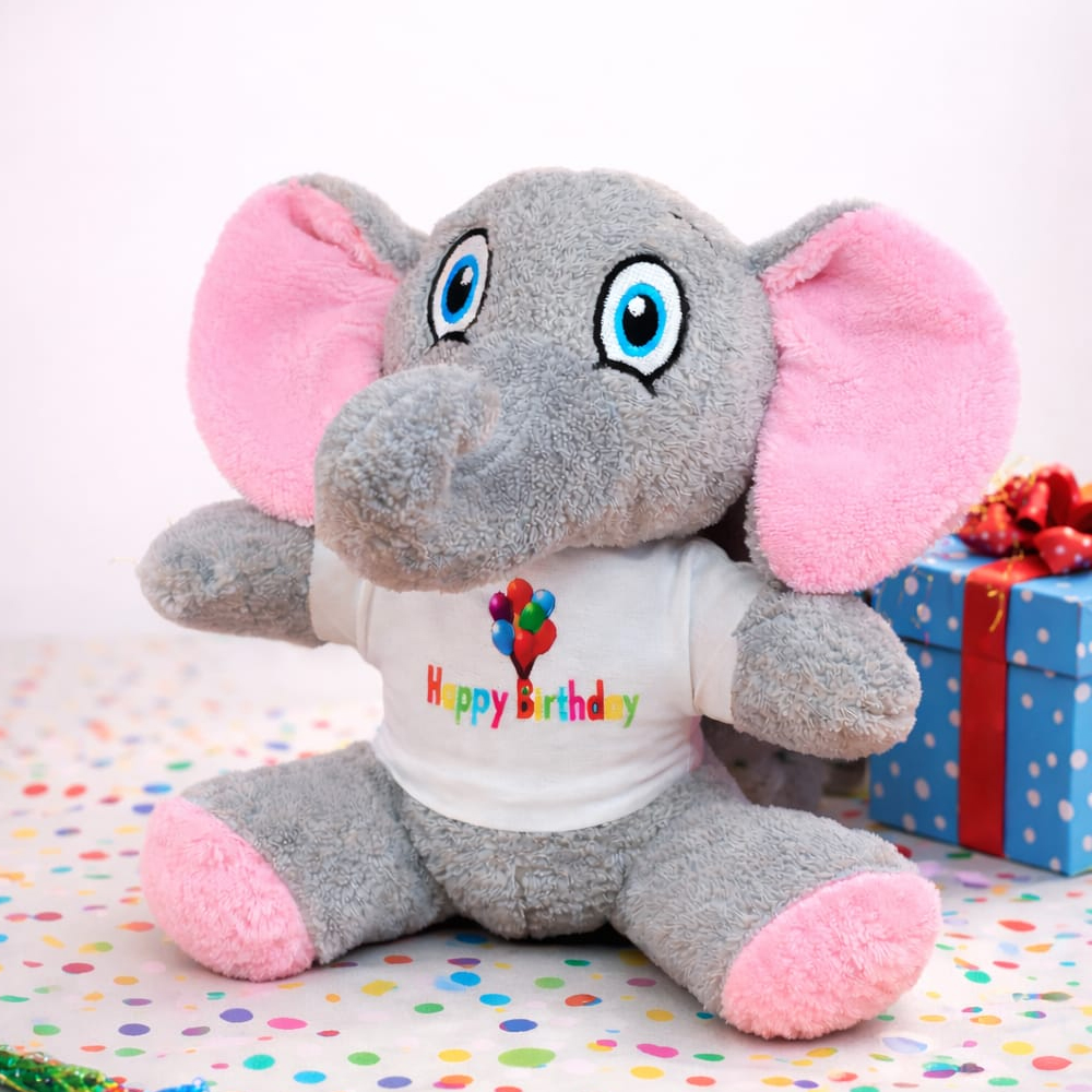 Happy Birthday Tişörtlü Sevimli Peluş Fil