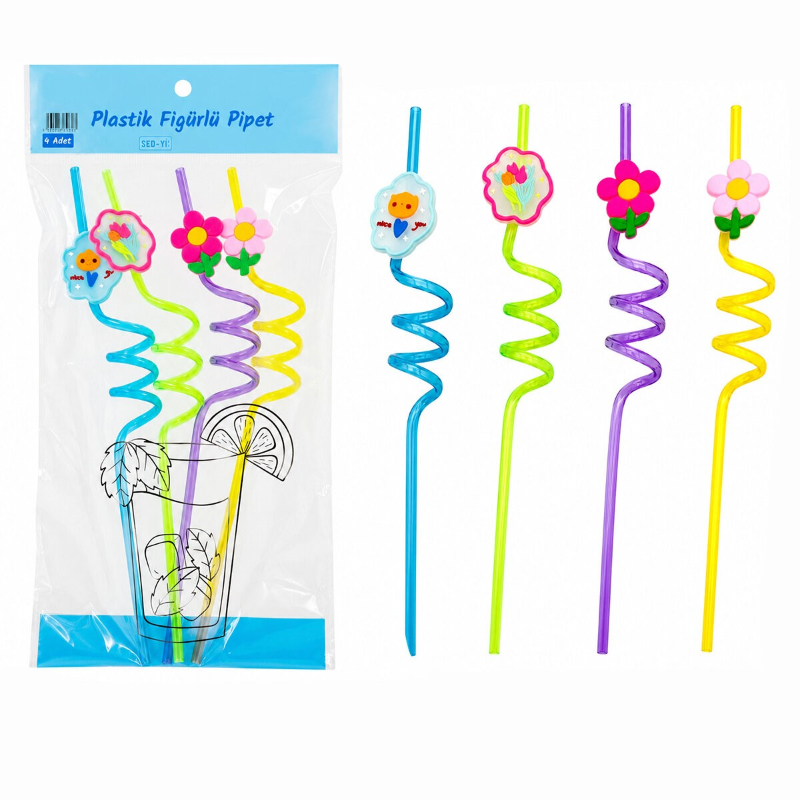 Kıvrımlı Renkli Plastik Pipet - Figürlü Tasarım - 4'lü Paket